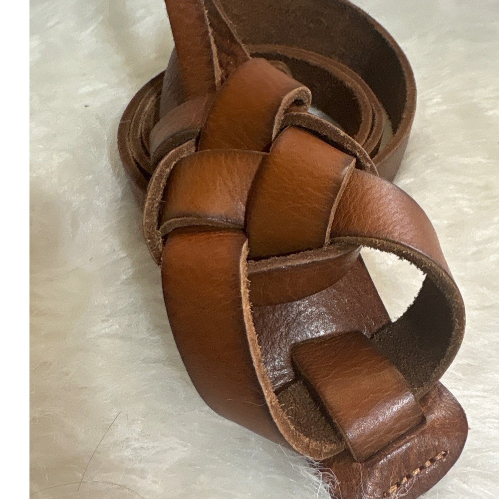 Vintage Leather Belt Womens Small Braided Knot Cognac Brown Skinny Boho Waist